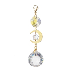 Луна Украшение из латунного кулона, стеклянная подвеска-капля/восьмиугольник и застежка-когти омара, золотые, луна, 83 мм