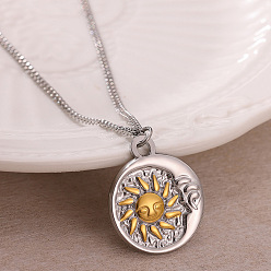 Flat Round Duo Tone 304 Stainless Steel Pendant Necklaces, Golden & Stainless Steel Color, Flat Round with Sun, 15.75 inch(40cm), pendant: 20mm