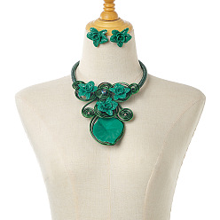 Светлый Морско-зеленый Комплекты украшений из сплава алюминия и акриловой смолы, включают серьги и ожерелья, цветок, светло-зеленый, Ожерелья: 400 mm, Серьги: 43 mm