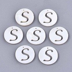 Letter S Natural Freshwater Shell Charms, Flat Round with Hollow Out Letter, Letter.S, 14.5x1.5mm, Hole: 0.9mm
