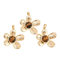 Настоящее золото 18K Природных тигровый глаз подвески, цветочные подвески с латунной оправой, реальный 18 k позолоченный, 24x25.5x6.5 мм, отверстие : 4x2.5 мм