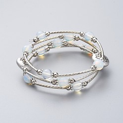 Opalite Three Loops Wrap Bracelets, with Opalite Beads, Flat Round with Lotus Alloy Beads, Round Iron Spacer Beads, Brass Tube Beads and Burlap Bag, 2 inch(5.2cm)