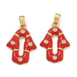 Красный Латунные микропаве прозрачные подвески с фианитом, с эмалью, hamsa hand charms, реальный 18 k позолоченный, красные, 21x15x3 мм, отверстие : 4x2.5 мм