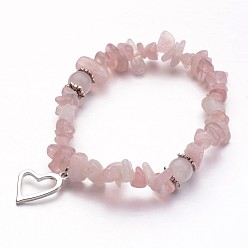 Pink Rose Quartz Charm Bracelets, with Silver Color Plated Alloy Pendants, Heart, Pink, 2 inch(50mm)