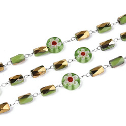 Светло-зеленый 304 цепные цепи из нержавеющей стали, с гранёными стеклянными бусинами бочкообразной формы и техникой миллефиори, выполненной методом выдувания стекла., плоские круглые с цветочным узором, пайки, с катушкой, цвет нержавеющей стали, светло-зеленый, 6~6.5x2~2.5 мм