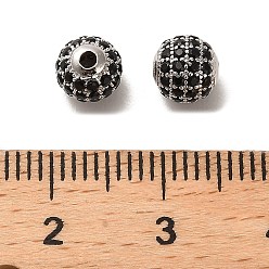 Черный Родиевое покрытие 925 бусины из стерлингового серебра с микропаве из кубического циркония, круглые, Реальная платина, чёрные, 6x5.5 мм, отверстие : 1.4 мм