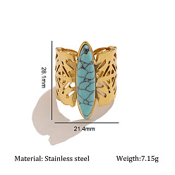 Synthetic Turquoise 304 Stainless Steel with Synthetic Turquoise Cuff Open Rings, Butterfly, Golden, US Size 12(21.4mm)