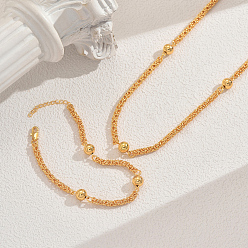 Golden Brass Round Bead Necklaces & Bracelets Set for Women, Golden, 17.72 inch(45cm)