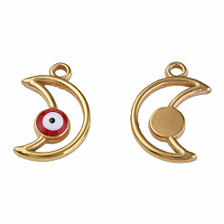 Темно-Красный 304 нержавеющей стальной эмали подвески, луна со сглазом, золотые, темно-красный, 18x12x3 мм, отверстие : 1.6 мм