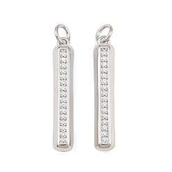 Platinum Brass Micro Pave Clear Cubic Zirconia Pendants, Rectangle Charms, Rack Plating, Long-Lasting Plated, Lead Free & Cadmium Free, Platinum, 27x5x4.5mm, Hole: 3mm