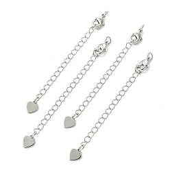 Real Platinum Plated SHEGRACE Brass Curb Chain Extender, End Chains with Lobster Claw Clasps and Heart Charms, Cadmium Free & Nickel Free & Lead Free, Real Platinum Plated, 58~60x5mm