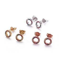 Mixed Color Brass Micro Pave Cubic Zirconia Stud Earrings, with Brass Ear Nuts, Ring, Colorful, Mixed Color, 7x2mm, Pin: 0.7mm