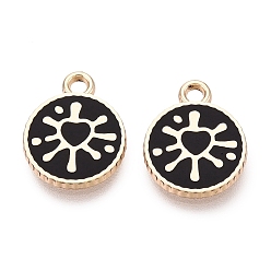 Black Alloy Enamel Pendants, Rack Plating, Flat Round & Heart Charms, Golden, Black, 13.5x11x1.5mm, Hole: 1.6mm