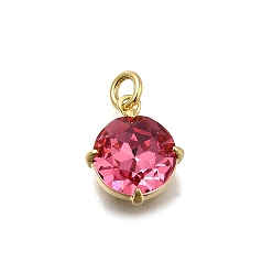 Светло-Вишневый Плоская круглая латунь со стеклянными подвесками, одиночные каменные прелести, без кадмия и без свинца, долговечный, стойки покрытие, реальный 18 k позолоченный, светло-вишневый, 11x9.5x4.5 мм, отверстие : 2 мм