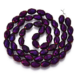 Purple Plated Electroplate Glass Bead Strands, Faceted, teardrop, Purple Plated, 12x8mm, Hole: 1mm, about 60pcs/strand, 27.5 inch