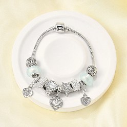 Платина Сплав европейские бусины браслеты с подвесками, браслеты из змеиной цепи для женщин, сердце, со смолой и полимерной глины горный хрусталь, без свинца и без кадмия, платина, 7-1/2 дюйм (19.1 см)