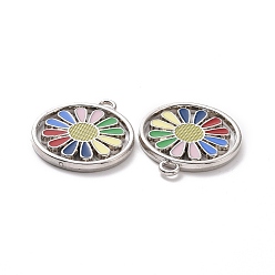 Platinum Alloy Enamel Pendants, Rotatable, Flat Round with Flower Charm, Platinum, 29x26x3mm, Hole: 3mm