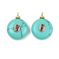 Синтетическая Бирюза Синтетические бирюзовые подвески, плоские круглые подвески с латунной микрофиброй и фианитами, реальный 18 k позолоченный, без кадмия и без свинца, стойки покрытие, долговечный, 21x16x6.5 мм, отверстие : 2.5 мм