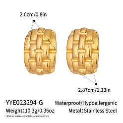 Real 18K Gold Plated Vintage Geometric Woven Texture 304 Stainless Steel Stud Earrings for Women, Rectangle, Real 18K Gold Plated, 28.7x20mm