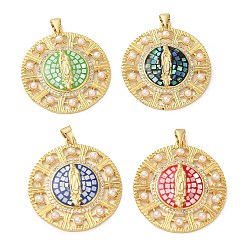 Mixed Color Rack Plating Brass Micro Pave Cubic Zirconia Earrings, with Shell, Cadmium Free & Lead Free, Long-Lasting Plated, Real 18K Gold Plated, Oval, Virgin Mary, Mixed Color, 33.5x30.5x3.5mm, Hole: 4x3.5mm