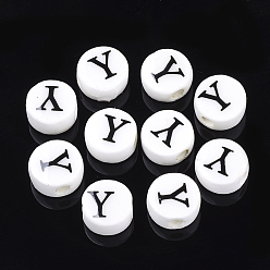 Letter Y Фарфоровые бусины ручной работы, горизонтальное отверстие, плоские круглые с буквы, белые, letter.y, 8~8.5x4.5 мм, отверстие : 2 мм