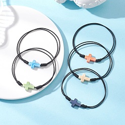 (52) Непрозрачная лаванда Регулируемые браслеты из фарфоровых бусин ручной работы, Экологичный корейский вощеный полиэстеровый шнур плетеный для женщин, крест прелести, разноцветные, внутренний диаметр: 2-1/2~4 дюйм (6.3~10.2 см)