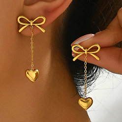 Золотой Стильные 201 серьги-гвоздики в форме сердца с бабочкой из нержавеющей стали и кисточкой в форме сердца, золотые, 40x10~20 мм