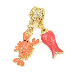 Coralino Cuentas colgantes de latón con micro pavé de circonitas cúbicas transparentes, langosta y pescado, con esmalte, chapado en rack, larga duración plateado, sin plomo y el cadmio, coral, 33 mm, agujero: 3 mm