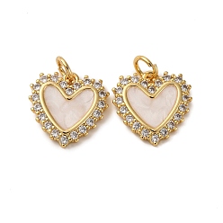 (404) Непрозрачное AB Кислое яблоко Латунные микро проложить кубического циркония подвески, сердце прелести, с эмалью, с целью перехода в кольце, без кадмия и без свинца, реальный 18 k позолоченный, стойки покрытие, долговечный, цветочный белый, 14x14x2.5 мм, отверстие : 3.5 мм