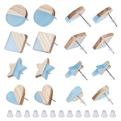 Light Blue 8 Pair 4 Style Resin & Wood Stud Earrings Set, with 304 Stainless Steel Pin, Mix Shaped, Light Blue, 15~17x14~18mm, Pin: 0.7mm, 2Pair/style