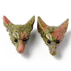 Унакит Природные подвески Unakite, сверху просверленные бусы, с глазком из черного оникса, голова волка, 46~47x32.5~33.5x18 мм, отверстие : 2 мм