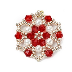 Red Glass Seed Beaded Flower Pendants, with Glass & Shell Pearl Beads & Loop, Red, 29.5x27x4.5mm, Hole: 3.5mm