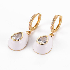 Белый Серьги-кольца из латуни с микропаве из прозрачного кубического циркония, с эмалью, без никеля , слеза, золотые, белые, 33 мм, штифты : 1 мм