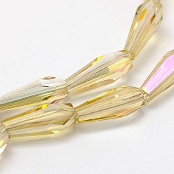 Pale Goldenrod Faceted Rainbow Plated Teardrop Electroplated Glass Beads Strands, Pale Goldenrod, 10x4mm, Hole: 1mm, about 60pcs/strand, 23.6 inch