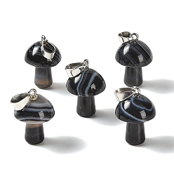 Banded Agate Natural Black Banded Agate Pendants, Mushroom Charms, with 304 Stainless Steel Snap on Bails, Stainless Steel Color, Dyed & Heated, 24~25x16mm, Hole: 7.5x4mm