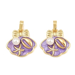 Medium Purple Brass Enamel Pendants, with ABS Plastic Imitation Pearl, Shell Shape with Starfish Charms, Real 18K Gold Plated, Medium Purple, 18.5x19x6mm, Hole: 5x4mm