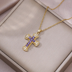 Средняя Орхидея 304 Кулон в виде религиозного креста из нержавеющей стали с микропаве из кубического циркония 304 Цепочка из нержавеющей стали, золотые, средне орхидеи, 15.75 дюйм (40 см)