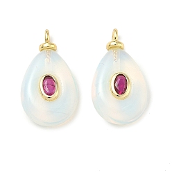 Опал Opalite подвески, Плоские подвески в форме капли с латунными фианитами, инкрустированными кубическим цирконием., без кадмия и без свинца, долговечный, стойки покрытие, реальный 18 k позолоченный, 23x13x6 мм, отверстие : 2.2 мм