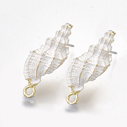 White Spray Painted Alloy Stud Earring Findings, with Steel Pins, with Loop, Conch, Light Gold, White, 24~24.5x10mm, Hole: 1.6mm, Pin: 0.7mm