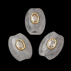 Quartz Crystal Natural Quartz Crystal European Beads, Rock Crystal Oval Large Hole Beads with Brass Pave Clear Cubic Zirconia Findings, Golden, 20~20.5x15.5x13mm, Hole: 5mm