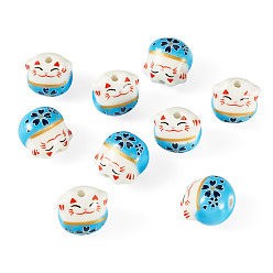 Небесно-голубой 9шт. фарфоровые бусины ручной работы с принтом, Lucky Cat, голубой, 13x14x11 мм, отверстие : 2 мм