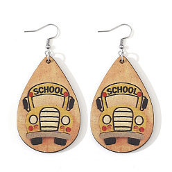 Цвет Древесины Деревянные серьги-подвески в форме слезы с рисунком школьного автобуса, платина, деревесиные, 75x35 мм