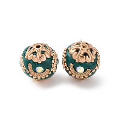 чирок Круглые бусины из смолы ручной работы из Индонезии, со сплавочной фурнитурой со стразами, круглые, зелено-синие, 17x16.5 мм, отверстие : 1.4 мм