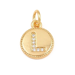 Letter L Breloques en laiton zircon cubique transparent, rond plat avec breloques en forme de lettre, plaqué longue durée, sans plomb et sans cadmium, crémaillère plaquage, réel 18 k plaqué or, lettre l, 12.5x10x1.5mm, Trou: 3mm
