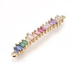 Golden Brass Micro Pave Cubic Zirconia Links, Rectangle/Bar, Colorful, Golden, 36x5.5x2.5mm, Hole: 1.2mm