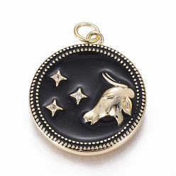 Телец Латунные микро проложить кубического циркония подвески, с эмалью и кольцом для прыжков, плоский круглый с созвездиями, золотые, Телец, 23x21x2.5 мм, отверстие : 3 мм