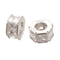 Платинированный 925 бусины из стерлингового серебра с микропаве, прозрачные бусины из кубического циркония, колонка, Реальная платина, 6.5x7x4 мм, отверстие : 3.5 мм