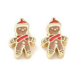 Gingerbread Man Рождественские латунные эмалевые бусины, без свинца и без кадмия, долговечный, реальный 18 k позолоченный, стойки покрытие, Колобок, 15x10x5 мм, отверстие : 2 мм