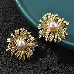 Настоящее золото 18K Серьги-гвоздики из латуни, АБС-пластика, искусственный жемчуг, цветок, долговечный, без свинца и без кадмия, реальный 18 k позолоченный, 26.5x26 мм