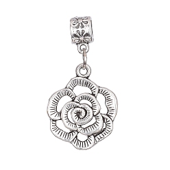 Antique Silver Alloy European Dangle Charms, Large Hole Pendants, Rose, Antique Silver, 36mm, Hole: 5mm, Rose: 24x21x3mm